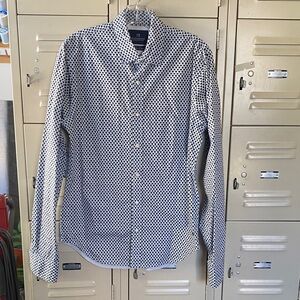 Scotch & Soda White Button-Down Shirt with Navy Micro Diamond Print